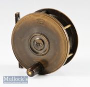 Hardy Bros Alnwick Birmingham brass plate wind salmon fly reel – 4.5” dia – with unbordered makers