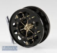 Fine Allcock Aerial Black Alloy Centre pin reel - 3.75” dia, chrome plated foot, pear shaped