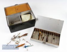 Alex Martin Glasgow black Japanned bait box with hinged lid removable tray having compartmental