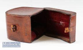 Early C Farlow Co Ltd leather block D shaped salmon reel case – for 4.5” dia salmon reel with makers