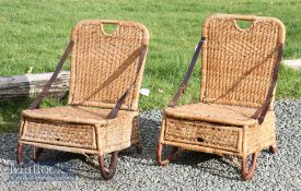 Pair of early 20th Century Rattan Cane Folding Fishing Seats – With leather supporting straps,