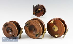 4x various good Nottingham wooden and brass reels – Slater style 4.5” dia with brass star back and