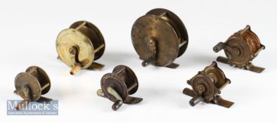 Collection of various brass crank wind reels (6) – ranging in size from 1.5” dia to 2.75” , 2x
