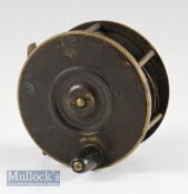 Vic Cowan Maker Edinburgh large brass plate wind salmon reel c. 1885 – 4.25”dia, foot filed at