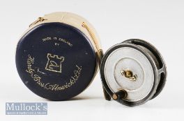 Good Hardy Bros England The Uniqua small alloy trout fly reel – 2 7/8” dia, smooth brass foot –
