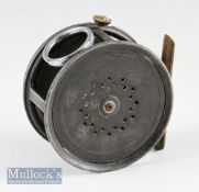 Scarce J W Young & Sons Perfect Style alloy salmon fly reel – 3.5”dia wide drum, smooth brass
