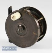 Fine MacLeay Inverness bronzed brass salmon fly reel - 3.75’ dia, large white ivory in handle,
