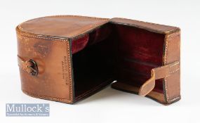 Early Hardy Bros Alnwick leather block reel case – for 4” salmon reel c/w strap and buckle – usual