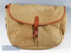 Hardy canvass and leather game bag with removable liner, shoulder strap, brass net ring measures 14