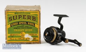 Fine Allcocks The Superb Trout size fixed spool reel in makers original box – half bale arm, LHW,