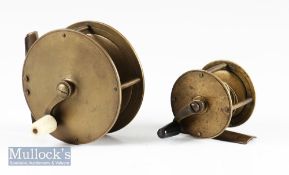 Fine Vic 3.25” brass crank wind reel stamped with J Warner & Son fish logo trademark – curved