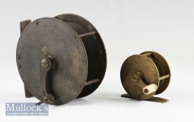 2x interesting Hearder Plymouth brass crank wind reels – to incl 4” brass salmon fly reel – with