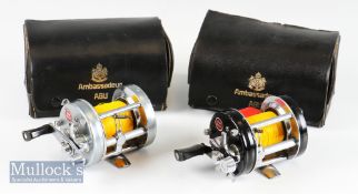 2x Abu Ambassadeur multiplying reels: Ambassadeur 6000 with black end plates, foot stamped