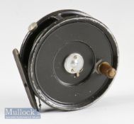 Hardy Bros Ltd England Post war “The Uniqua” alloy trout fly reel - 3 3/8” dia, ribbed brass foot,
