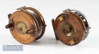 2x wooden and alloy combination wide drum centre pin reels – 4” dia with perforated alloy rear