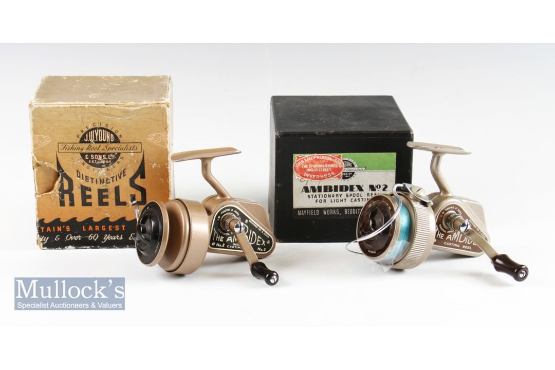 JW Young & Sons ‘Ambidex’ casting reels (2) - to include first model in gold with full bail arm,