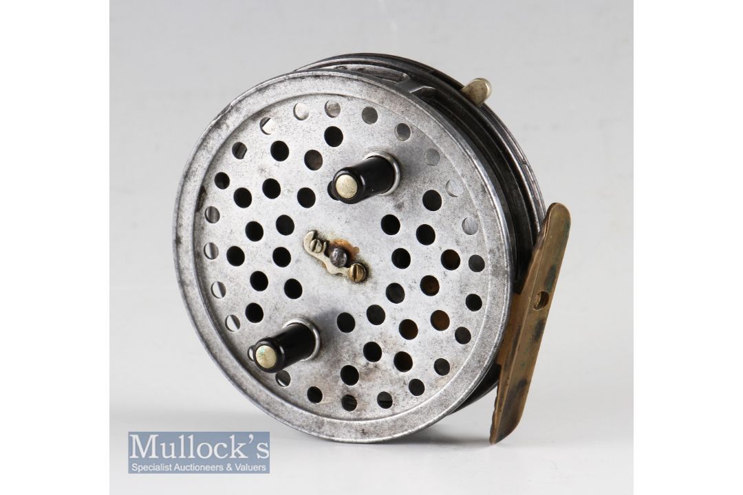 Hardy Bros England The Eureka alloy centre pin reel: 3.5” dia, ribbed brass foot, on/off rim check - Image 1 of 2