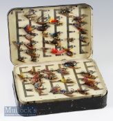 An unusual superb large black japanned multi swing leaf salmon clip fly box c/w 120 mixed large