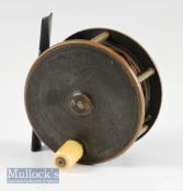 Good Gow and Sons Makers Dundee brass salmon fly reel - 3.25” dia, retaining much of the original