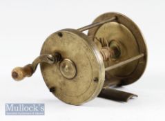 Good Vic brass extra wide drum multiplying reel – 2.75” dia x 2.75”w, good straight foot fitted with