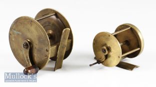 2x large interesting Vic brass wide drum crank wind fly reels - one stamped with makers Fish Logo