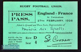 Scarce 1926 England v France Ticket/Press Pass: The ‘Miroir des Sports’ reporter’s very clean