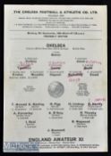 1965/66 Chelsea v England Amateur XI Friendly football programme date 6 Sept^ single sheet^ team
