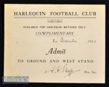 Rare 1921 Harlequins Signed Admission Ticket: 4” x 3” clean card for a Christmas Eve match at