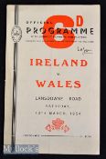 1954 Ireland v Wales Rugby Programme: Sought-after 12pp issue from Dublin with future stars and