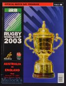 RWC 2003 England Winners v Australia Rugby Programme: The popular and famous edition for the only