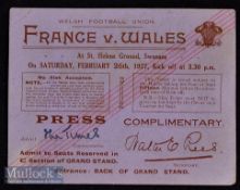 Scarce 1927 Wales v France Ticket/Press Pass: Complimentary Press ticket for the Times reporter (D R