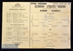 V Rare 1898 Richmond v Blackheath Rugby Programme: 20 cm x 14 cm light card with teams and fixtures^
