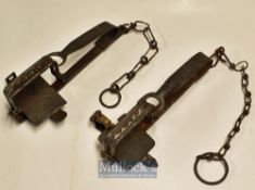 2x Vintage Vermin Gin Traps - hand forged both with 4” jaws^ one c/w brass spring clasp stamped with