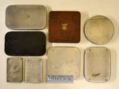 Interesting collection of black japanned^ alloy and leather fly tins and cast tins (8) – to incl