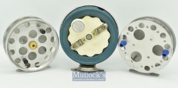 2x Large unnamed Adcock Stanton style centrepin reels both wide drum^ twin handled^ measure 5” dia’^
