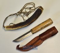 Stag Horn Fishing Priest and Wood Handle Knife with leather sheath marked J Marttiini (Finland)^ the