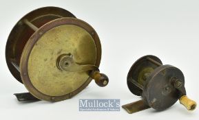 2x unnamed all brass crank wind reels to include a 2” wide drum multiplier with curve crank arm^