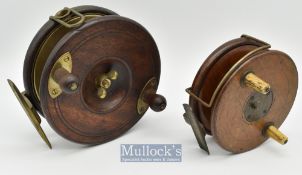 2x Nottingham wood and brass star backed reels includes one marked with faint Gamage Ltd Holborn