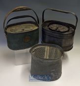 3x Early Oval Alloy Live Fish Bait Kettles – to incl one with brass makers oval label for J.R