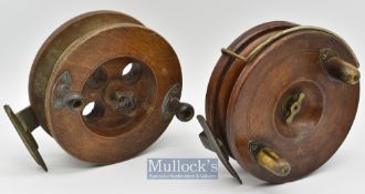 2x wood and brass Nottingham and Scarborough big game reels to include a brass star backed 5 ½” reel