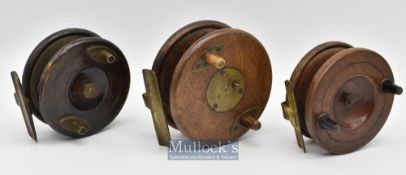 3x Various wood and brass backed Nottingham reels to include a 4” star backed^ an Ogden Smith marked