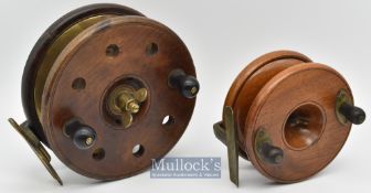 Large 6” Nottingham wood and brass kite backed big game reel with perforated face^ twin handle^ wing