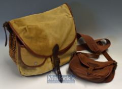 Good Brady of Halesowen wicker and canvas fishing creel with front pouch and two pockets^ leather