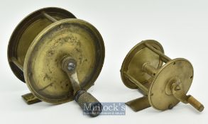 2x Brass crank wind reels to include an unnamed 3 ½” 3x pillar reel with ebony handle^ smooth foot