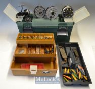 2x Cantilever Fishing tackle boxes c/w various reels and accessories - to incl a small Abu