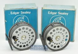 2x Edgar Sealey Redditch Twinfish Deluxe 3 3/8” alloy fly reels one engraved with make and model