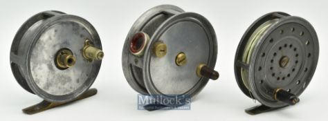 3x Various Alloy fly reels to include a J.S Sharpe of Aberdeen 3 ¼” reel; a Centabrake Patent 3 ¼”