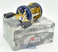 ABU Garcia Ambassadeur 6600 C4 Series multiplier reel in blue with domed end plate^ foot marked