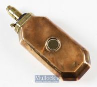 19th century Copper and Brass Powder Flask of hexagonal shape with windows to front and rear, length