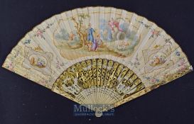 An Early Dutch Folding Fan, c. 1780s A beautiful folding fan with bone pierced and inlaid guards